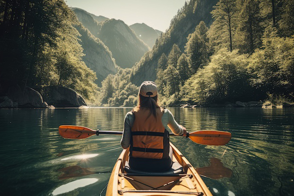 A person enjoying an eco-friendly activity, such as kayaking or hiking, with a focus on the importance of preserving natural habitats. Generative AI